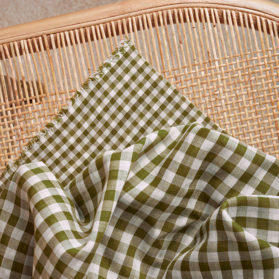 Vichy kostičky, Gingham: Off-White Matcha Leaf || Dvojitá gázovina